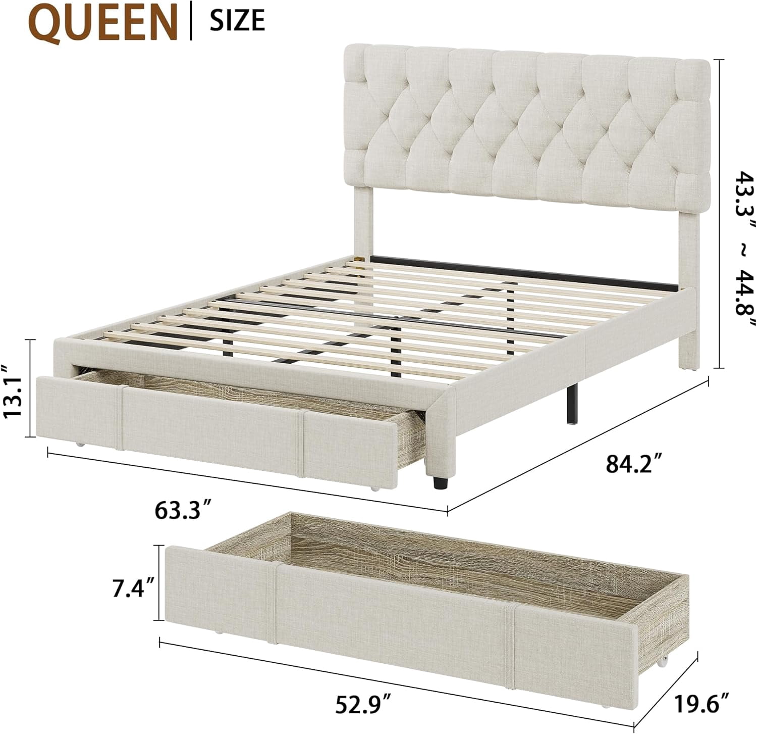 EastVita Queen Size Upholstered Platform Bed Frame with Storage Drawers, Solid Wooden Slats Mattress Foundation, No Box Spring Needed