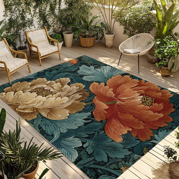 Vintage Floral Outdoor Rug for Patio/Deck/Porch, Non-Slip Large Area Rug 4 x 6 Ft, Boho Red White Floral Leaves Country Vintage Indoor Outdoor Rugs Washable Area Rugs, Camping Rug Carpet Runner