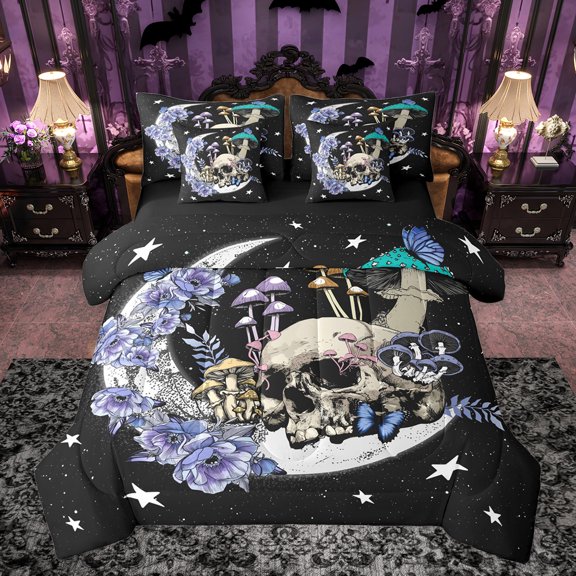 jejeloiu Cute Mushroom Flowers 7-Piece Twin Bedding Sets,Spooky Gothic Skull Bedding Comforter Set,Galaxy Starry Sky Sheet Sets For Adults,Microfiber Bedroom Decor Reversible