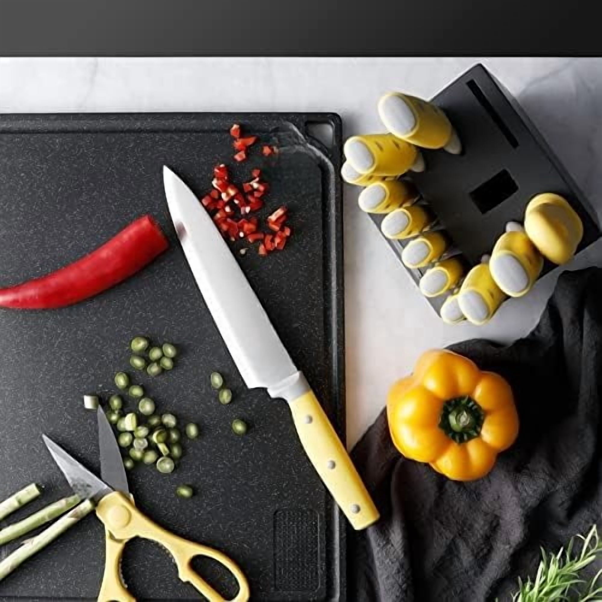 Kitchen Knife Block Set, 14 Pieces Knife Set with Wooden Block & Sharpener Steel & All-purpose Scissors, High Carbon Stainless Steel Cutlery Set (Yellow)