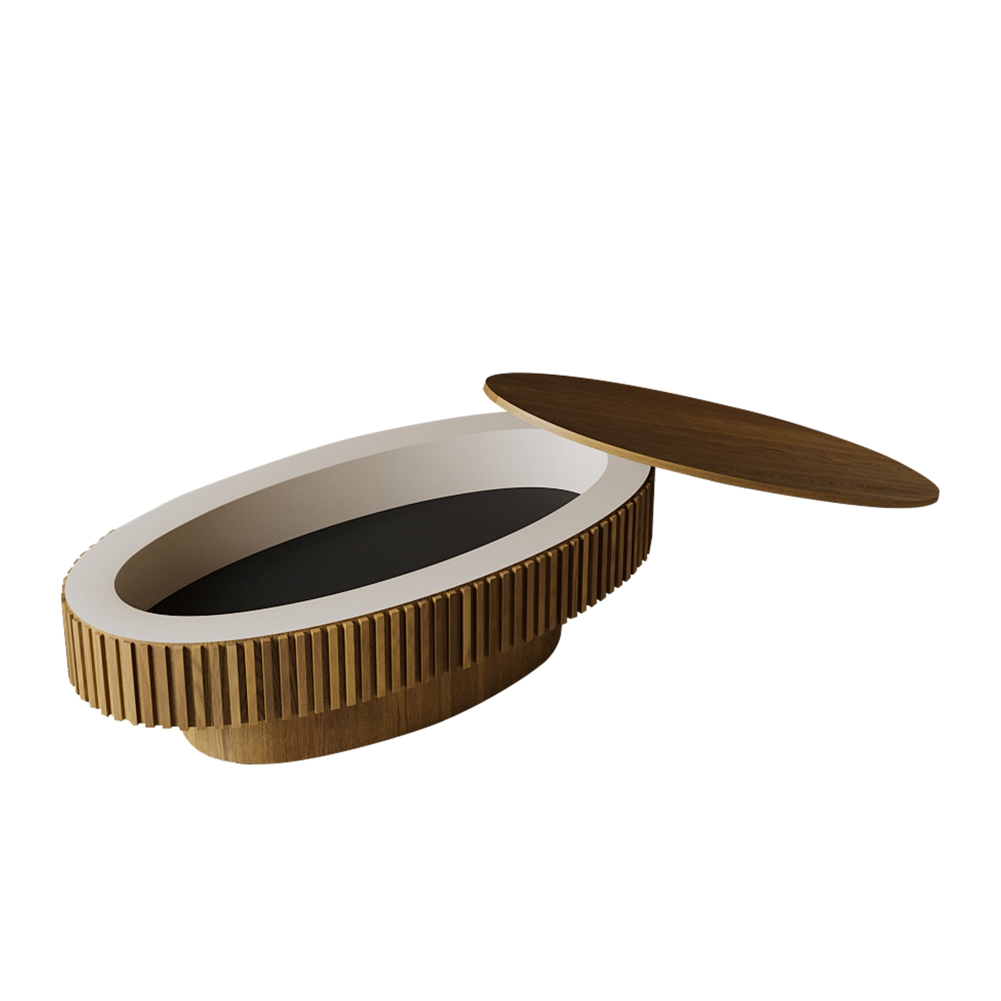 47" Oval Wooden Coffee Table with Storage, Fluted Drum Coffee Table with Lid, Luxury Solid Wood Center Cocktail Tea Table, Modern Oval Coffee Tables for Living Room Office