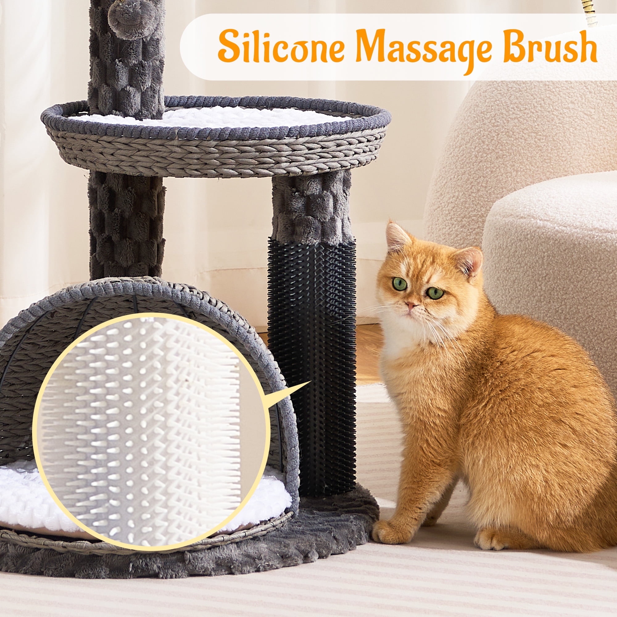 HITTITE Modern Cat Tree Tower with Scratching Post, 46 Inches Tall Cat Towers with Woven Cat Nests and Cave, Removable Cushions and Massage Brush for Indoor Cats Large Adult.