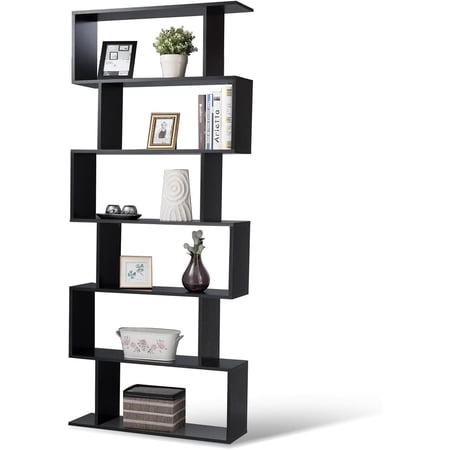 6-Tier Geometric Bookcase, Modern S-Shaped Storage Display Bookshelf for Living Room, Anti-Toppling Device, Home Office Wooden 6 Shelf Open Bookcase (1, Black)