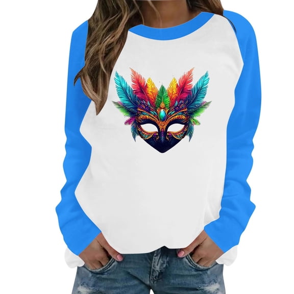 Byworldtasic Mardi Gras Long-Sleeve T-Shirt for Women Plus Size Raglan Sleeve Carnival Graphic Top