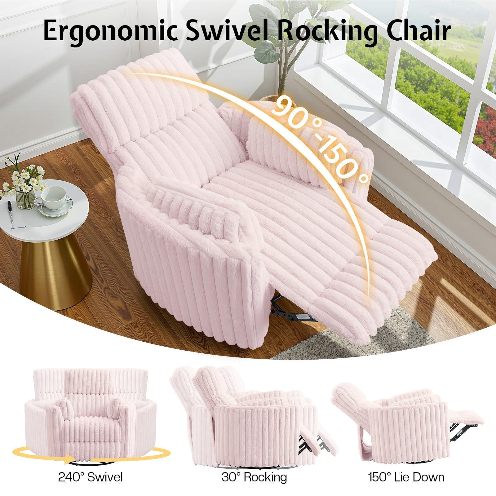Papajet Power Recliner Nursery Chair for Adults, Electric Swivel Rocking Glider with USB & Type-C for Living Room, Bedroom, Light Pink