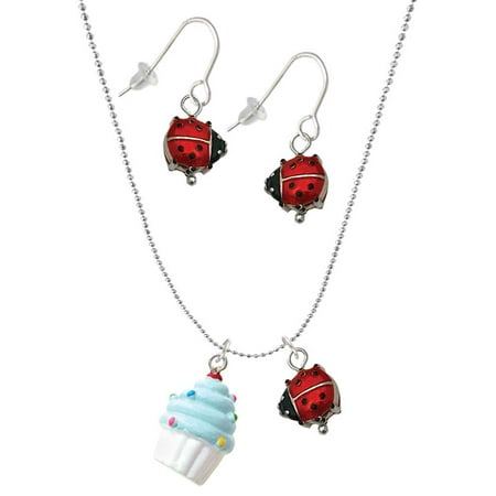 Delight Jewelry Resin White Cupcake with Blue Frosting Red Lucky Ladybug Necklace and Dangle Earrings Set