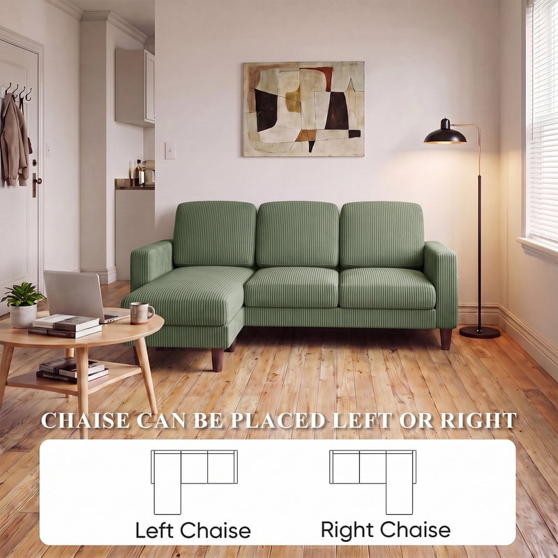 Lacoo L-Shaped Sofa Couch, 72" Modern Reversible Chaise Cloud Sofa with Cushions for Living Room, Apartment and Small Space, Corduroy Green