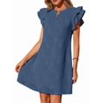thumbnail image 2 of Women's Short Sleeve Floral Ruffle Smocked Mini Dresses Neck Burnout Sundress Dress for Casual Summer Blue L, 2 of 9