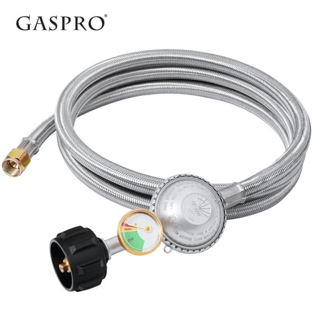 GASPRO Propane Gas Regulator Hose 6 ft with Gauge, Stainless Steel Braided LP Gas Hose, Replacement for Gas Grill, Fire Pit, Patio Heater, BBQ, Propane Tank