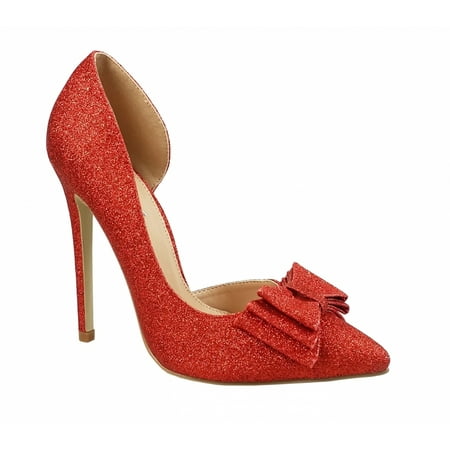 Chicastic Glitter Sparkling Bow Decor High Heel Platform Pumps Bridal Party Shoes Red 6.5