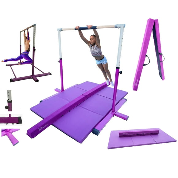 GymPro Home Gymnastics Bar 3 in 1 Horizontal Kip Bar Set for Kids, Height Adjustable 3 to 5 FT Gymnastic Bar with 6’x4’ Gymnastics Mat and Suede Balance Beam, Junior Gymnasts Kip Training Bar Purple