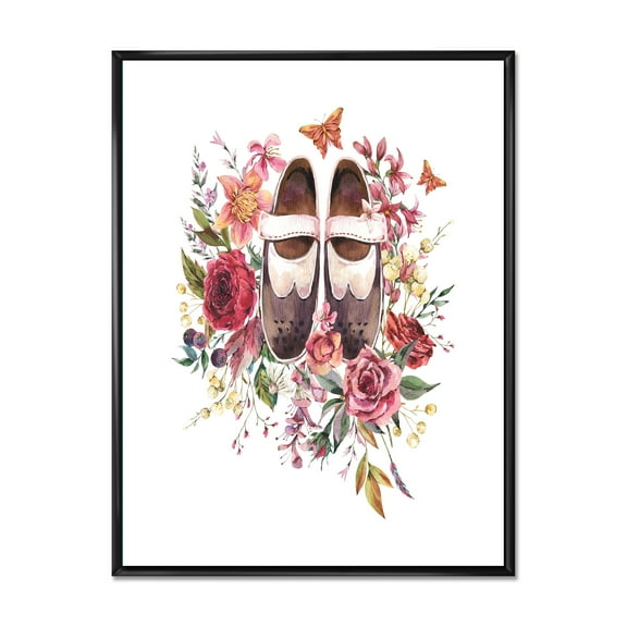 Designart 'Wildflowers With Ancient Oxford Shoes' Farmhouse Framed Canvas Wall Art Print