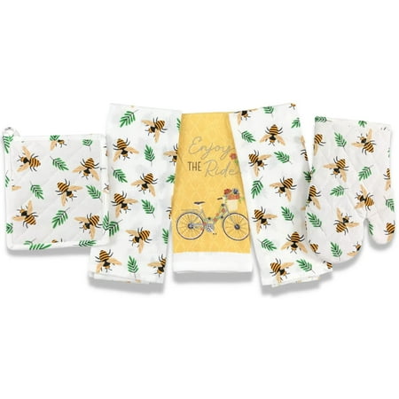 

Bee Kitchen Towels and Pot Holder Set: Honey Bees and Green Leaf Print on Flat Weave Cotton with Easy Hang Fabric Loops (Bee Free)
