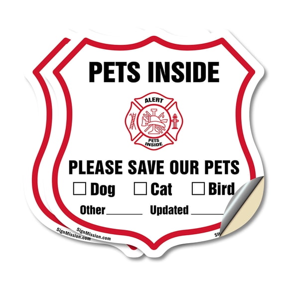Pets Inside Shield Sign Alert Please Save Our Pets (2 Pack) 18 inch X 18 inch Shield Shaped Heavy Duty 3.2 mil Vinyl Decals Weather Resistant, UV Protected for Workplace Made in the USA