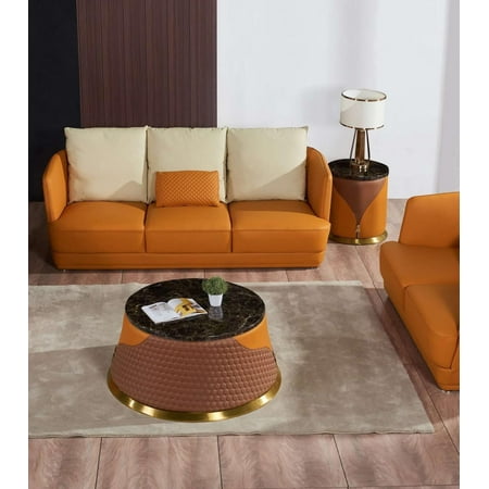 Italian Leather Orange Brown Coffee Table Set 2Pcs GLAMOUR EUROPEAN...