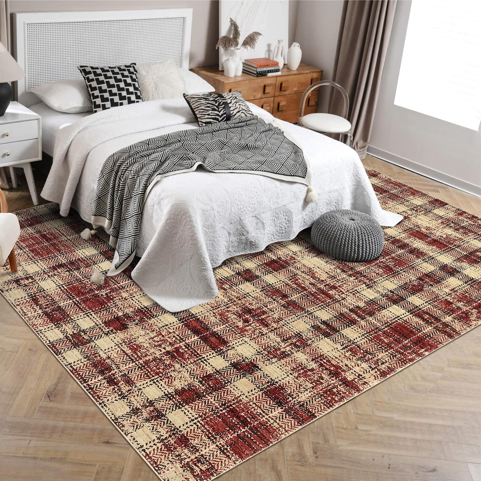 5'x7' Washable Tartan Plaid Area Rug, Non Slip Non Shedding Stain Resistant Soft Pearl Velvet Indoor Rug, Luxury Plaid Floor Mat for Living Room Bedroom Nursery Office, Red