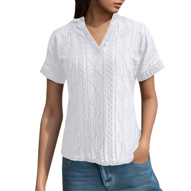 Camisa de punto jacquard holgada con cuello en V para mujer: manga corta, detalle de cordones, informal de verano, fácil de cuidar