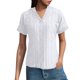 thumbnail image 1 of Camisa de punto jacquard holgada con cuello en V para mujer: manga corta, detalle de cordones, informal de verano, fácil de cuidar, 1 of 7