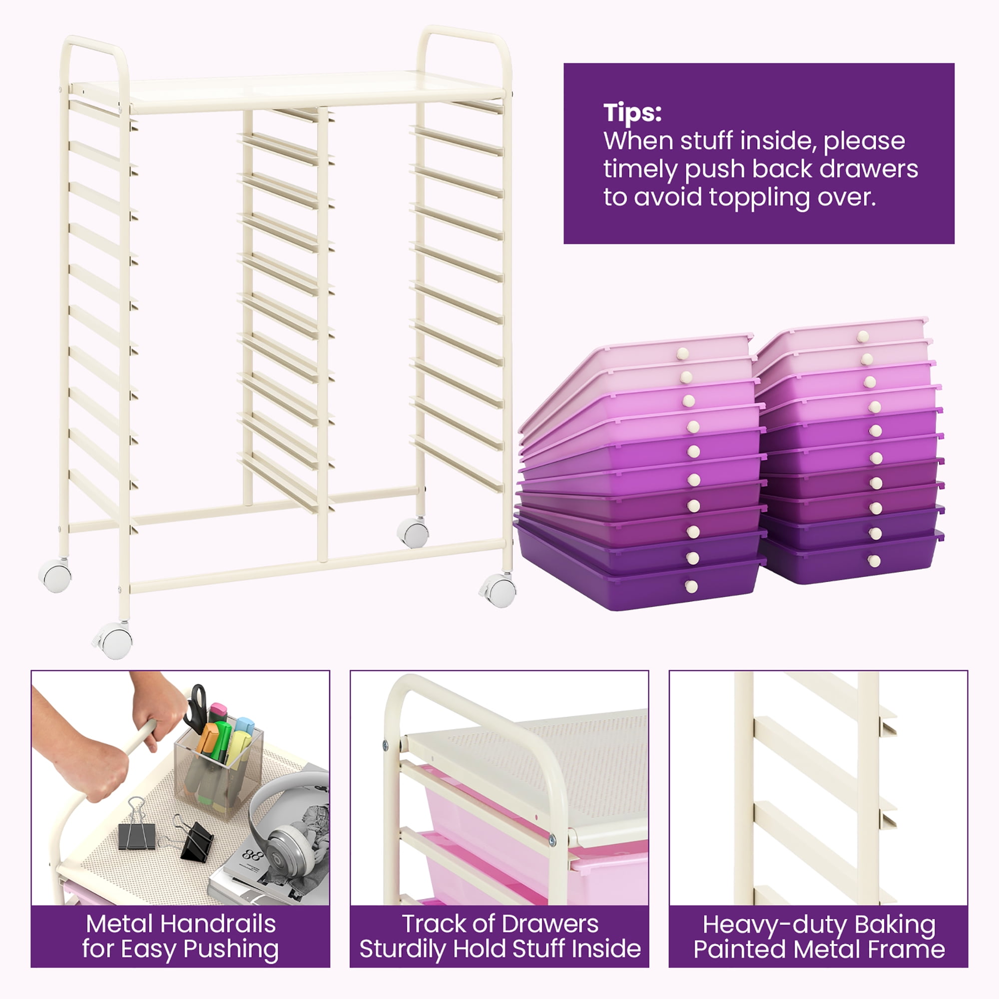 Gymax 20 Drawers Rolling Storage Cart Art Craft Organizer on Wheels Multipurpose Purple