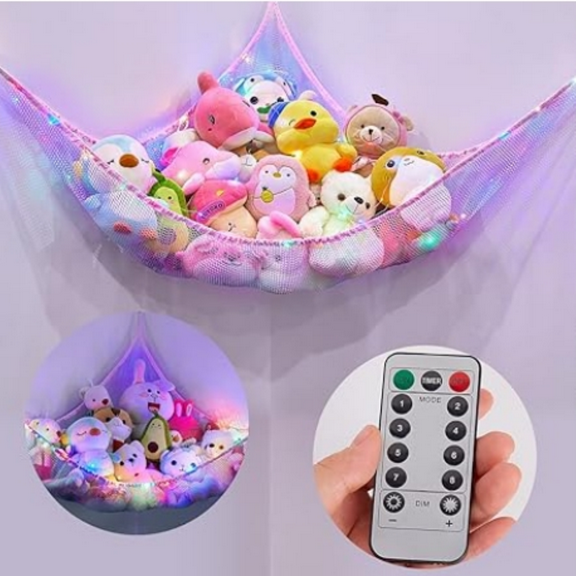 Stuffed Animals Net or Hammock with LED Light Hanging Toy Net Hammock for Stuffed Animals Storage Stuff Animals Hammocks for Nursery Kids Room with Remote Control, 8 Kinds of Lights(Pack of 1)