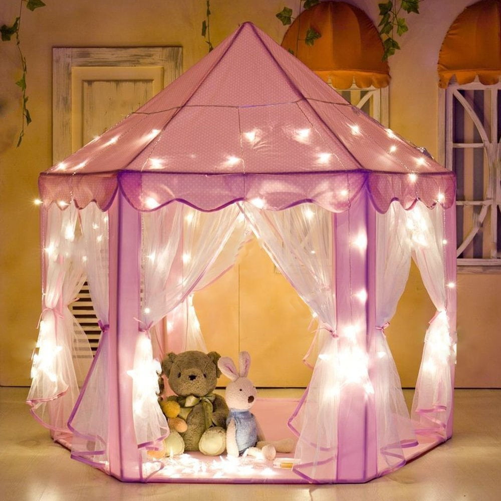 Pink Princess Castle Play Tent Girls Playhouse With Star Lights LEDs And Banner 