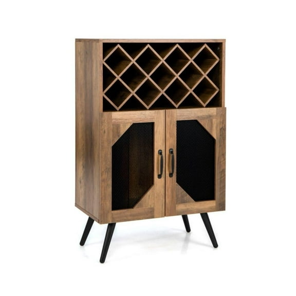 Farmhouse Bar Cabinet with Wine Rack - 2 Door Kitchen Buffet Storage - Rustic Brown - Metal Mesh Doors & Glass Holder