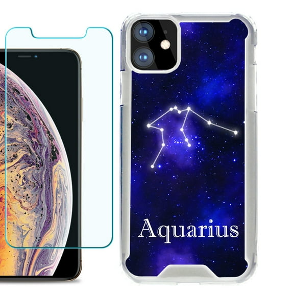 For Apple iPhone 11 Case, Hybrid Bumper Phone Case, with Tempered Glass Screen Protector, by OneToughShield ® - Zodiac / Aquarius