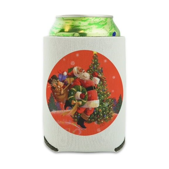Christmas Holiday Santa Skating Toys Tree Can Cooler - Drink Sleeve Hugger Collapsible Insulator - Beverage Insulated Holder
