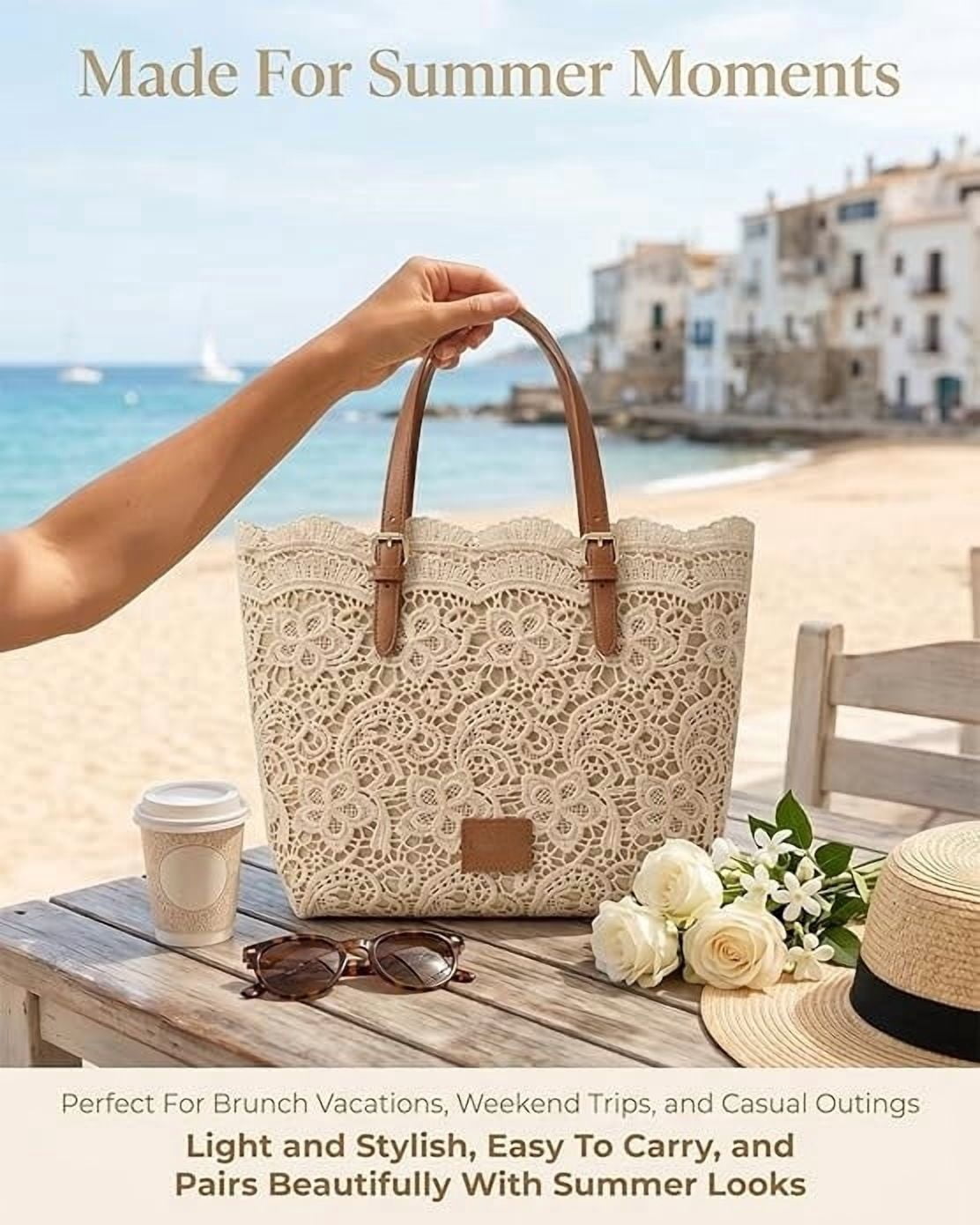 TripleHBB Vintage Lace Kiss Lock Shoulder Bag Summer Straw Handbags for Women,2026 Crochet Kiss Lock Aesthetic Cute Large Tote Purses,Stylish Functional Women's Handbag