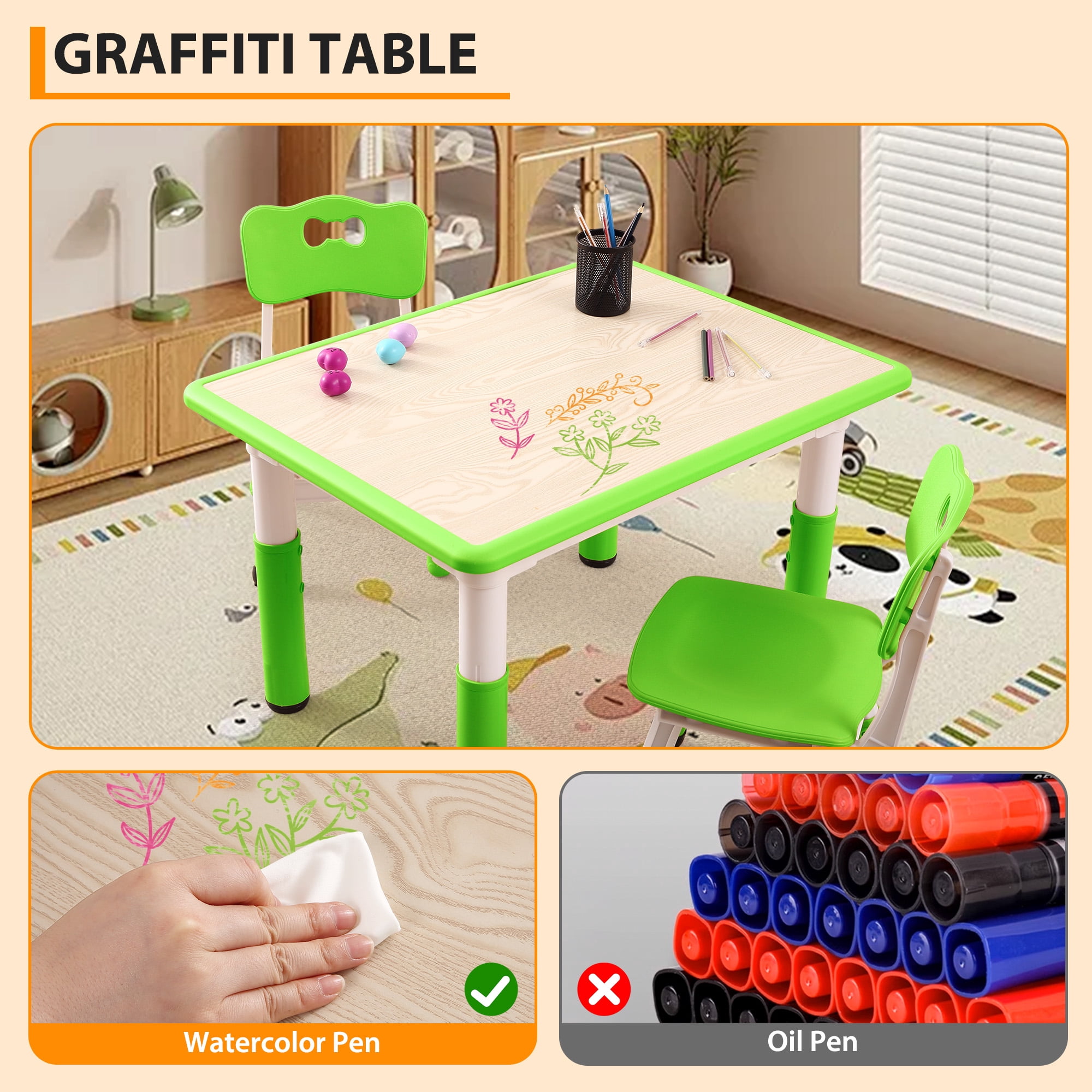 Toddler Table and Chair Set, Height Adjustable Kids Table and Chair Set of 4, Toddler Table for Reading, Drawing, Eating, for Ages Over 3, Green