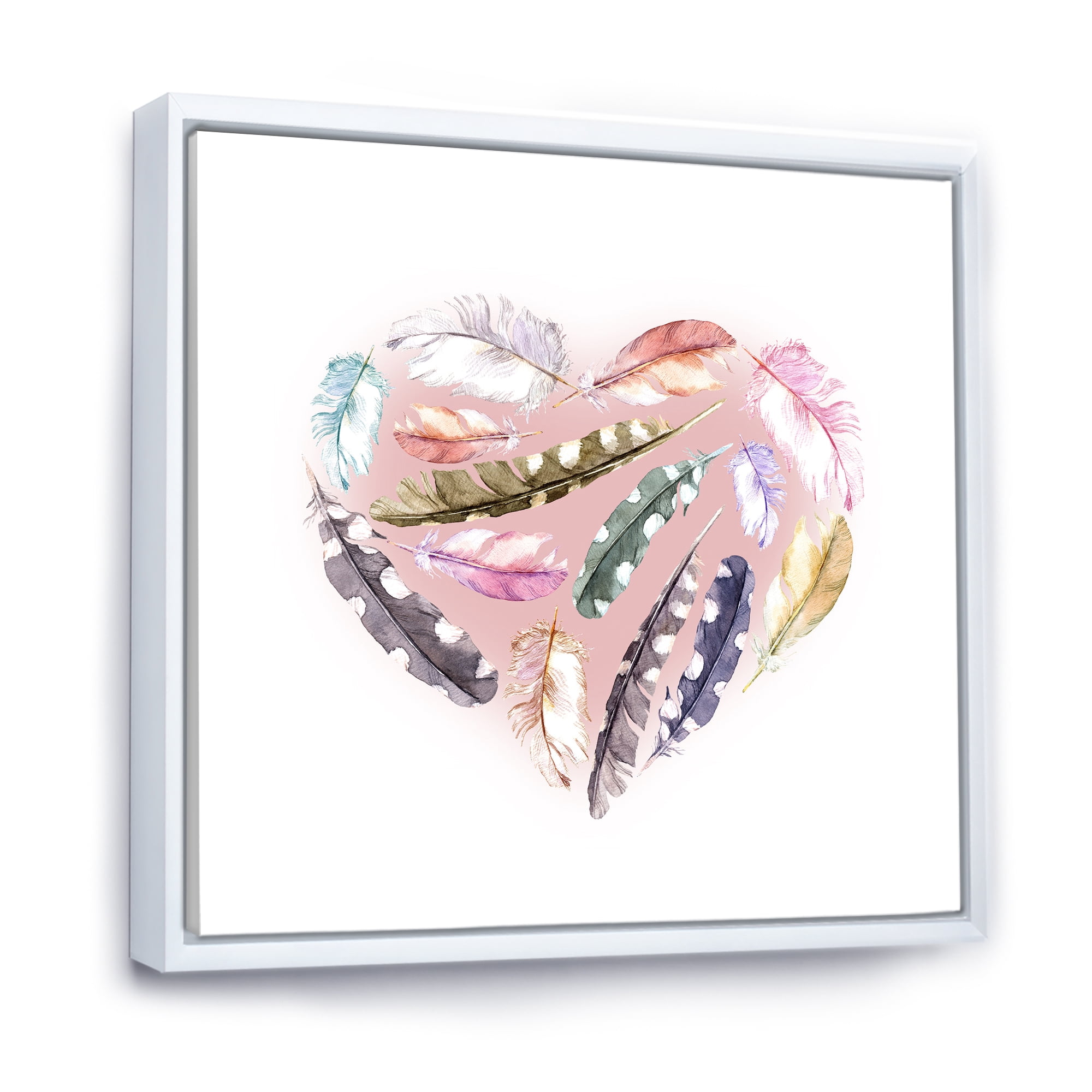 Designart 'Ethnic Feather In Heart Shape' Bohemian & Eclectic Framed Canvas Wall Art Print