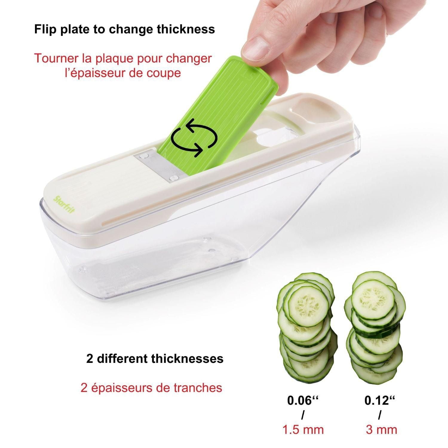 Starfrit Precision Slicer - Compact Mandoline - Perfect for Garlic & Ginger - 2 Thicknesses - Self Feeding Pusher - Food Container