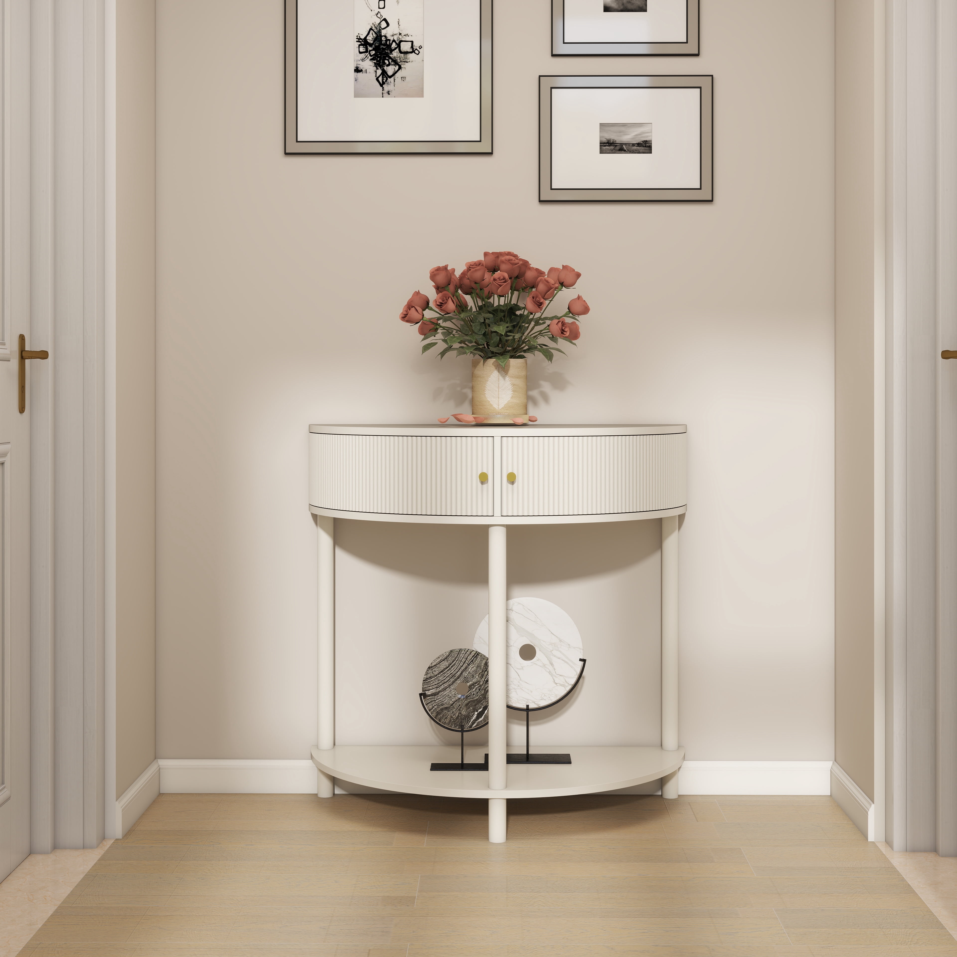 Console Table, End Table, Wave-Pattern Demi-Lune Design with 2 Storage Drawers and Bottom Shelf for Hallway or Bedroom, Cream White