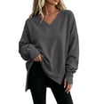 thumbnail image 5 of Ozmmyan Womens V Neck Long Sleeve Sweatshirt Side Slit Oversized Relaxed Fit Shirt Fall Winter, 5 of 7