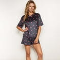 thumbnail image 7 of Women's Heart Print Satin Pajama Set with Short Sleeve Crew Neck Top and Ruffle Trim Lounge Shorts - Small, Black, 7 of 7