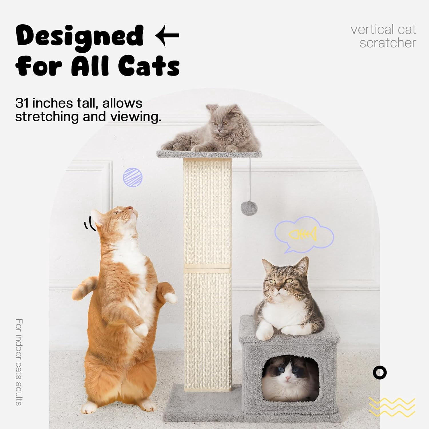 Cat Scratching Post with Perch, Sisal Cat Scratchers for Indoor Cats, Large Cat Scratching Post with Fluffy Ball, 31 Inches Tall Cat Scratching Tower, Gray