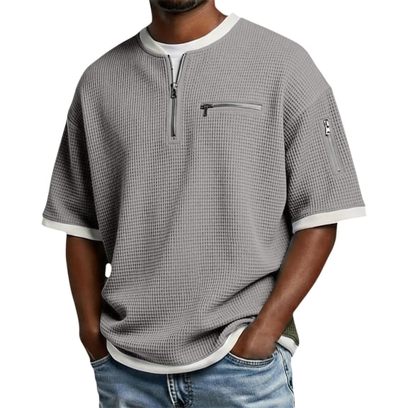 Havenx Mens Waffle Knit Henley Shirt Zipper Short Sleeve T Shirts with Zipper Pockets Textured Knit Polo Shirt Contrast Color Casual Loose Fashion Big and Tall Pullover Shirts,Gray 3XL