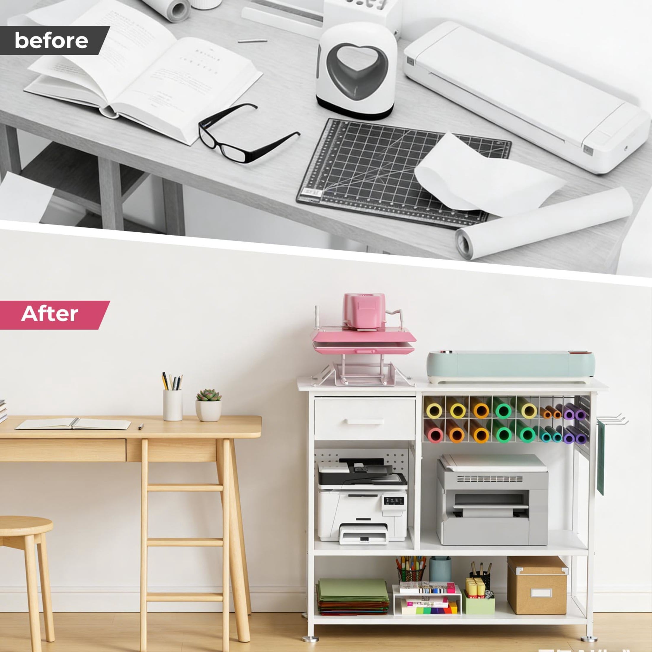 Noble House Large Rolling Heat Press Stand Desk, Metal Workbench with Vinyl Storage, Drawer & Charging Station, White