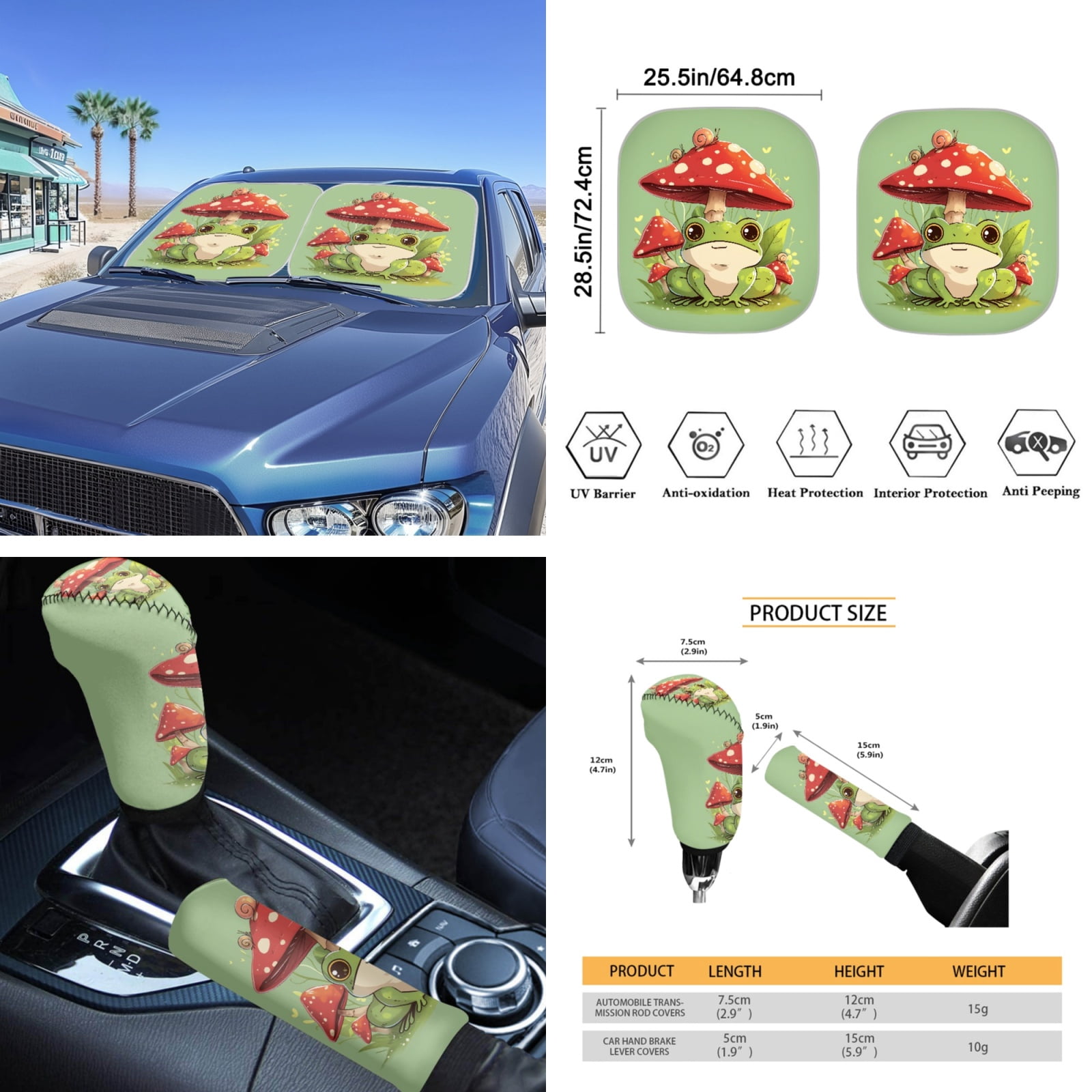 Yuyamidu Cute Frog Auto Seat Cover Set of 16 Mushroom Car Sun Visor Steering Wheel Accessories Seaside Seatbelt Strap Pad Cup Holders Rearview Mirror Cover Keychain Handbrake Gear Shift Knob Cover