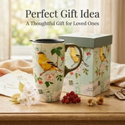 Topadorn Vintage Goldfinch Botanical Ceramic Travel Mug, 17oz, Bird & Floral Print, Spill-Resistant Lid, Microwave & Dishwasher Safe, Gift Boxed
