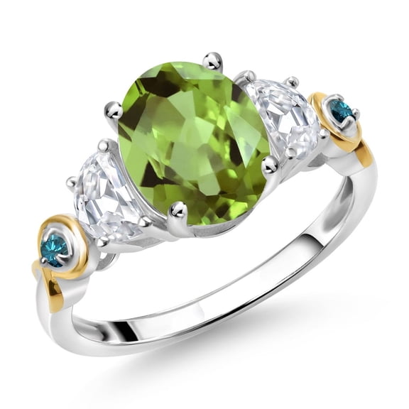 Gem Stone King 925 Silver and 10K Yellow Gold 3-Stone Ring Oval Green Peridot and Moissanite (2.61 Cttw, Size 8)
