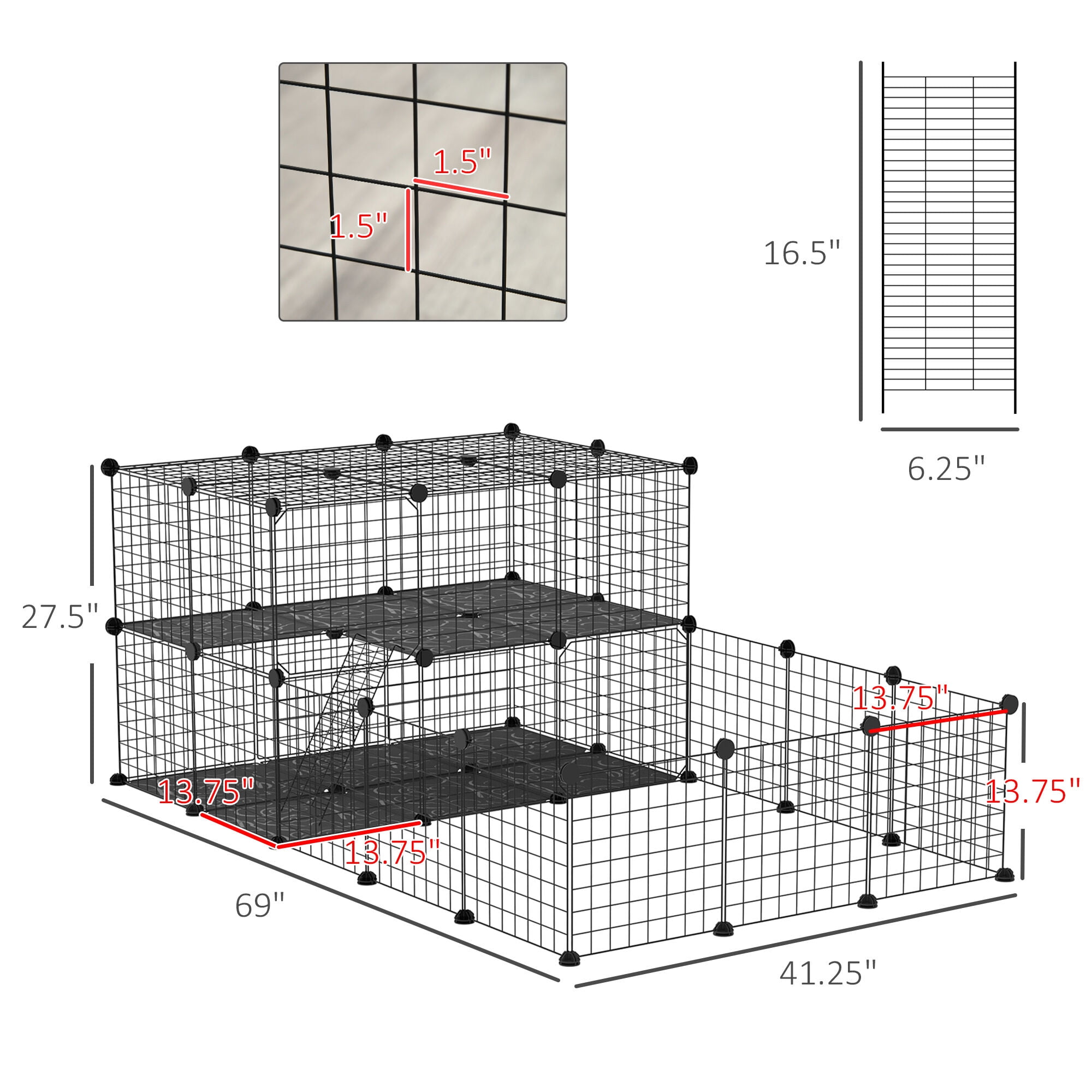 Pet Playpen PawHut 47 Panels Pet Playpen, Small Animal Playpen with Doors, Portable Metal Wire Yard Bunny Pen for Guinea Pigs, Chinchillas, 14" x 14",Guinea Pig Cage