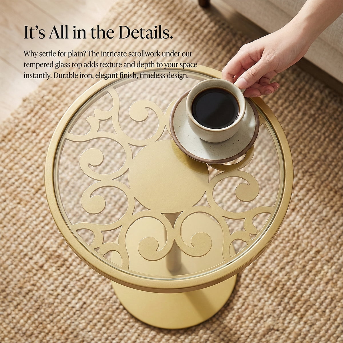 Gold Drink Table, Indoor Outdoor Small Round Side Table with Glass Top & Scroll Design, 24.7" Metal Pedestal End Table for Living Room, Patio, Balcony, Small Spaces, Weather Resistant