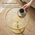 thumbnail image 5 of Gold Drink Table, Indoor Outdoor Small Round Side Table with Glass Top & Scroll Design, 24.7" Metal Pedestal End Table for Living Room, Patio, Balcony, Small Spaces, Weather Resistant, 5 of 9