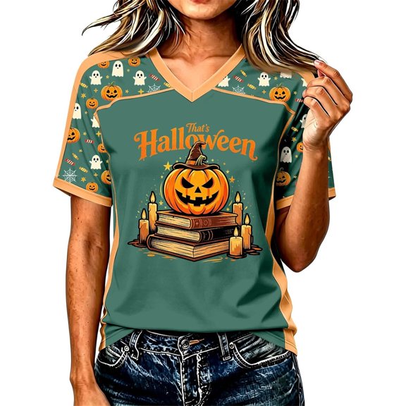 Yuncity Women Halloween Shirts Pumpkin Graphic Print V Neck Tees Summer Fall Baseball Short Sleeve T-Shirts Casual Loose Fashion Tops Size L