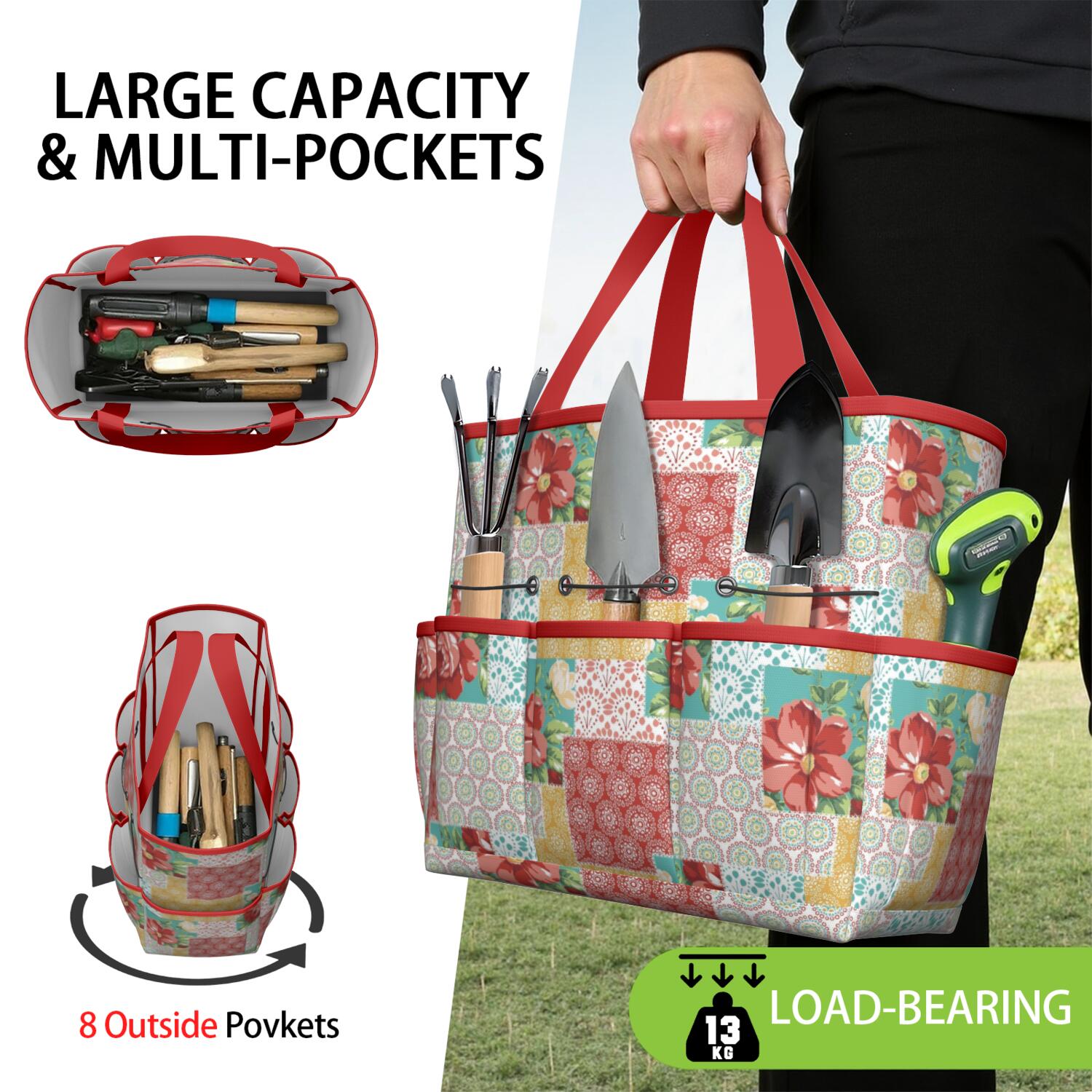 Bright Flowers Garden Tools Bag, Water-proof Oxford Garden Tote Home Organizer Gardening Tool Bag Kit Holder with 8 Pockets for Indoor and Outdoor Gardening(Tools Not Included)