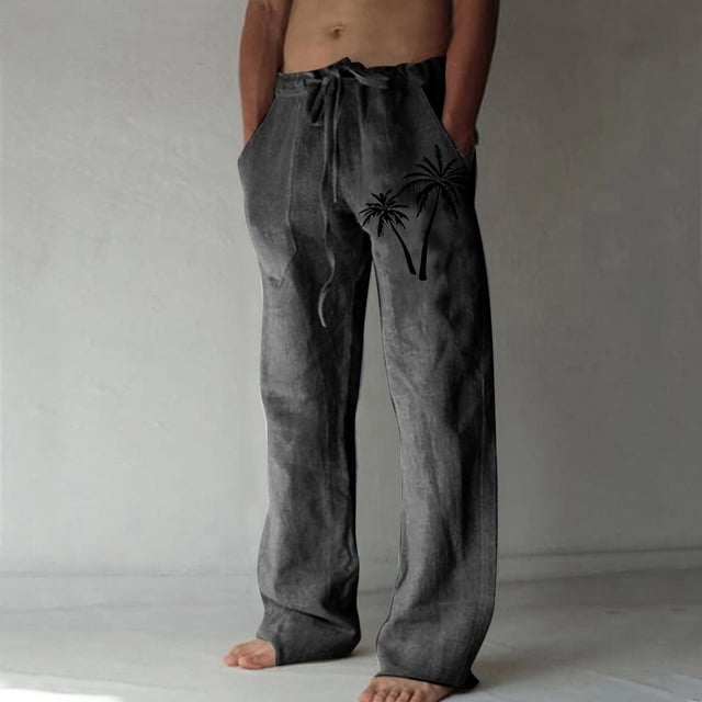 Pantalones largos de lino para hombre, pantalones holgados de playa con estampado hawaiano, cintura elástica y cordón ajustable, estampado en caliente.
