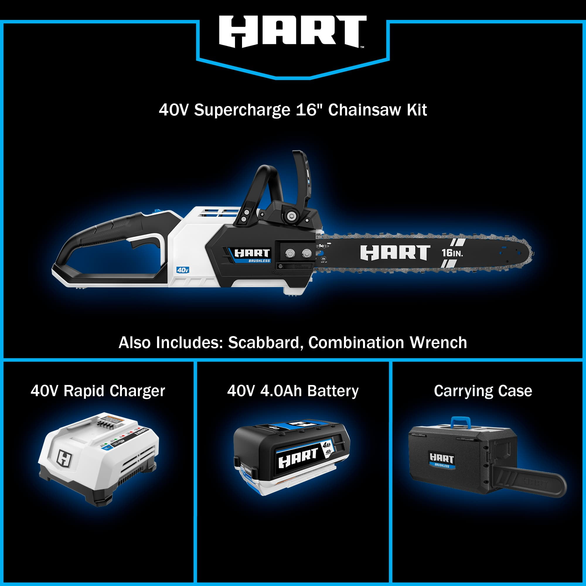 HART 40V 16 inch Supercharge Battery-Powered Brushless Chainsaw Kit, (1) 4.0 Ah Lithium-Ion Battery