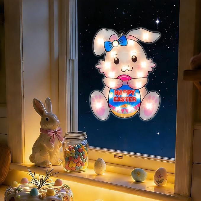 17-Inch Pre-Lit Easter Egg Window Silhouette, Bunny and Egg Themed Lighted Window Decor