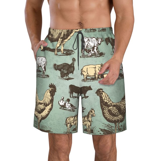 Balery Vintage Farm Animals Traje de Baño Estilo Hawaiano para Hombre, Shorts de Secado Rápido con Bolsillos-Medium